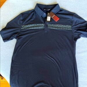 Travis Mathew Men's Navy Polo with sea form green palm tree design